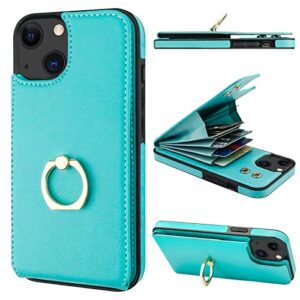 Folosu Compatible with iPhone 13 Case Wallet with Card Holder, 360°Rotation Finger Ring Holder Kickstand Protective RFID Blocking PU Leather Double Buttons Flip Shockproof Cover 6.1 Inch Mint Green