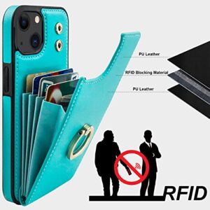 Folosu Compatible with iPhone 13 Case Wallet with Card Holder, 360°Rotation Finger Ring Holder Kickstand Protective RFID Blocking PU Leather Double Buttons Flip Shockproof Cover 6.1 Inch Mint Green