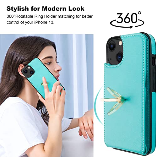 Folosu Compatible with iPhone 13 Case Wallet with Card Holder, 360°Rotation Finger Ring Holder Kickstand Protective RFID Blocking PU Leather Double Buttons Flip Shockproof Cover 6.1 Inch Mint Green