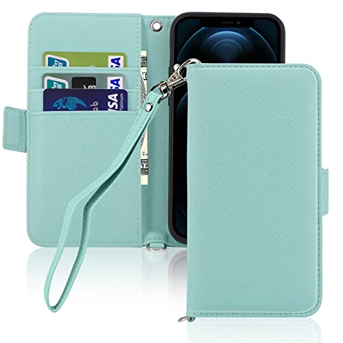 LAIRTTE iPhone case Wallet Case for iPhone 13 Pro Max Soft Leather iPhone 13 Pro Magnetic Kickstand Shockproof Closure Wallet Flip Case with Credit Card Holder RFID Blocking & Wrist Strap Light Blue