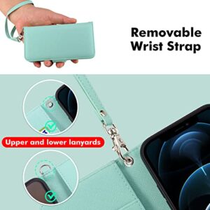 LAIRTTE iPhone case Wallet Case for iPhone 13 Pro Max Soft Leather iPhone 13 Pro Magnetic Kickstand Shockproof Closure Wallet Flip Case with Credit Card Holder RFID Blocking & Wrist Strap Light Blue