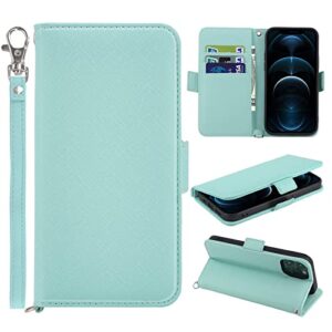 LAIRTTE iPhone case Wallet Case for iPhone 13 Pro Max Soft Leather iPhone 13 Pro Magnetic Kickstand Shockproof Closure Wallet Flip Case with Credit Card Holder RFID Blocking & Wrist Strap Light Blue