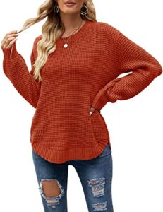 merokeety women's 2023 casual fall waffle knit sweater long balloon sleeve loose pullover jumper, rust, m