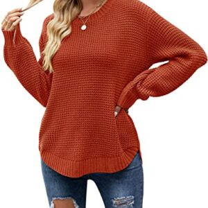 MEROKEETY Women's 2023 Casual Fall Waffle Knit Sweater Long Balloon Sleeve Loose Pullover Jumper, Rust, M