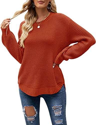 MEROKEETY Women's 2023 Casual Fall Waffle Knit Sweater Long Balloon Sleeve Loose Pullover Jumper, Rust, M