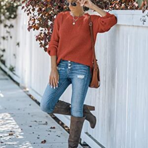 MEROKEETY Women's 2023 Casual Fall Waffle Knit Sweater Long Balloon Sleeve Loose Pullover Jumper, Rust, M