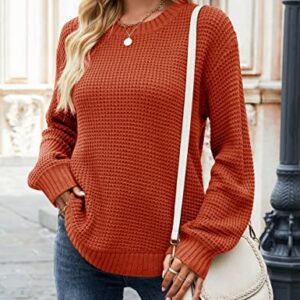 MEROKEETY Women's 2023 Casual Fall Waffle Knit Sweater Long Balloon Sleeve Loose Pullover Jumper, Rust, M