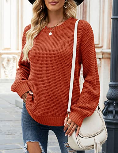 MEROKEETY Women's 2023 Casual Fall Waffle Knit Sweater Long Balloon Sleeve Loose Pullover Jumper, Rust, M