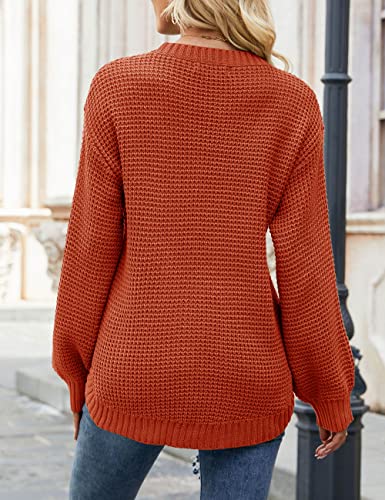 MEROKEETY Women's 2023 Casual Fall Waffle Knit Sweater Long Balloon Sleeve Loose Pullover Jumper, Rust, M