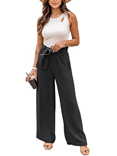 NIMIN High Waisted Wide Leg Pants for Women Comfy Dress Pants Loose Business Casual Pants Flowy Summer Beach Pants with Pockets Balck Large Black