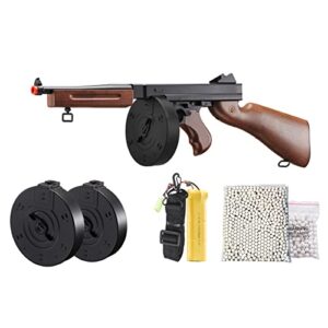 airsoft tommy thompson submachine gun ww2 chicago typewriter full auto electric smg aeg with extra drum magazines, battery and charger- color faux wood