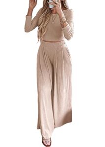 btfbm women's two piece lounge set long sleeve bodycon ribbed knit crop top loose wide leg pant casual outfits sweatsuit(solid apricot, small)