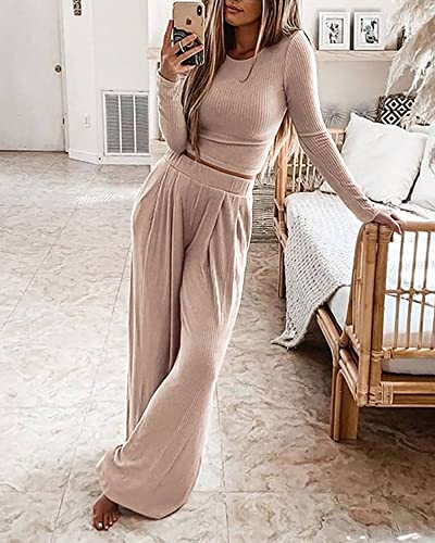 BTFBM Women's Two Piece Lounge Set Long Sleeve Bodycon Ribbed Knit Crop Top Loose Wide Leg Pant Casual Outfits Sweatsuit(Solid Apricot, Small)