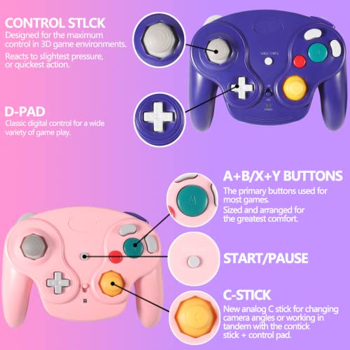 Dliaonew 2.4G Wireless Gamecube Controller, Classic Gamecube Wii Controller with Receiver Adapter for Wii Gamecube NGC (Pink and Purple)
