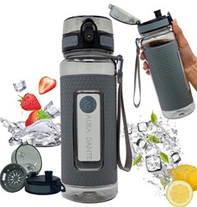 27oz sports water bottle | aura dante | grey | with fruit infuser | firm grip | carry strap | leak proof | bpa free | wide mouth and spout | gift ideas for fitness outdoors