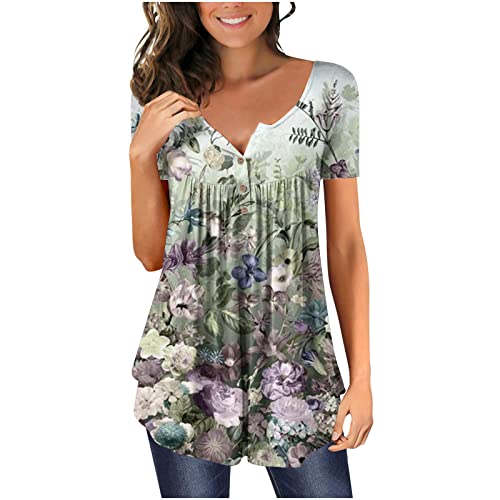 Womens Tops Hide Belly Tunic 2022 Summer Short Sleeve T Shirts Cute Flowy Henley Tshirt Casual Dressy Blouses for Leggings, Green-03, X-Large