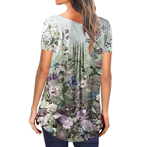 Womens Tops Hide Belly Tunic 2022 Summer Short Sleeve T Shirts Cute Flowy Henley Tshirt Casual Dressy Blouses for Leggings, Green-03, X-Large