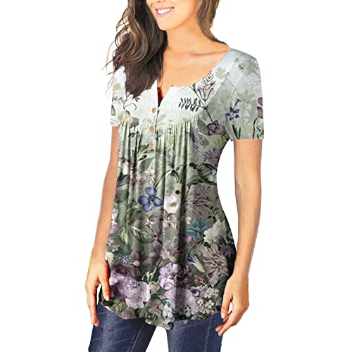 Womens Tops Hide Belly Tunic 2022 Summer Short Sleeve T Shirts Cute Flowy Henley Tshirt Casual Dressy Blouses for Leggings, Green-03, X-Large