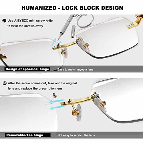 AIEYEZO Retro Rimless Sunglasses Rectangle Women Men Vintage Frameless Sun Glasses Fashion Frameless Square Tinted Glasses (Gold/Transparent)