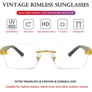 AIEYEZO Retro Rimless Sunglasses Rectangle Women Men Vintage Frameless Sun Glasses Fashion Frameless Square Tinted Glasses (Gold/Transparent)