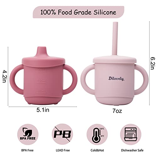 Dilovely Silicone Sippy Cup for Toddler, Transition Straw Cups for baby 12 months +, 3 in 1 Training Sippy Cups for Babies with Two Handles, 2 Pack Dishwasher & Microwave Safe, BPA Free 7oz Pink