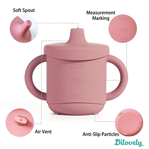 Dilovely Silicone Sippy Cup for Toddler, Transition Straw Cups for baby 12 months +, 3 in 1 Training Sippy Cups for Babies with Two Handles, 2 Pack Dishwasher & Microwave Safe, BPA Free 7oz Pink