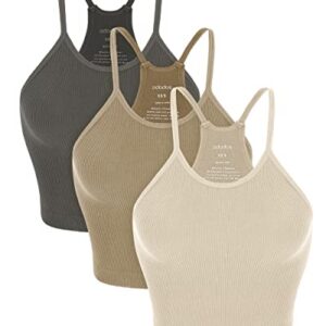 ODODOS Women's Crop 3-Pack Washed Super Soft Lightweight Rib-Knit Camisole Crop Tank Tops, Mushroom Taupe Charcoal, X-Small/Small