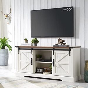okd tv stand for 65+ inch tv, modern farmhouse entertainment center with sliding barn door, wood rustic media console cabinet with adjustable shelf for living room, antique white