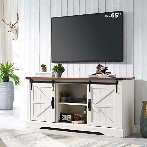 OKD TV Stand for 65+ Inch TV, Modern Farmhouse Entertainment Center with Sliding Barn Door, Wood Rustic Media Console Cabinet with Adjustable Shelf for Living Room, Antique White