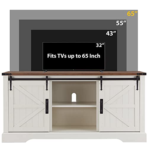 OKD TV Stand for 65+ Inch TV, Modern Farmhouse Entertainment Center with Sliding Barn Door, Wood Rustic Media Console Cabinet with Adjustable Shelf for Living Room, Antique White