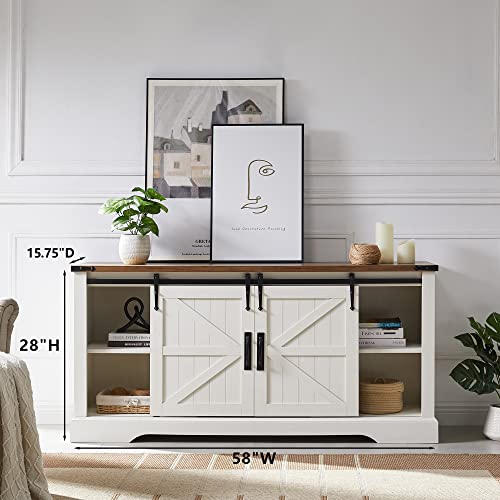 OKD TV Stand for 65+ Inch TV, Modern Farmhouse Entertainment Center with Sliding Barn Door, Wood Rustic Media Console Cabinet with Adjustable Shelf for Living Room, Antique White