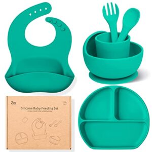 silicone baby feeding set - 6 pack baby led weaning supplies for infant & toddlers 6+ months, baby eating supplies with suction bowl & plate, bib, training cup, spoon, fork - dishwasher safe - green