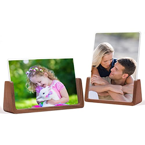 WEIMELTOY 4X6 Walnut Wooden Picture Frame,Brown Photo Frame with Double Side Acrylic Glass Cover, 2pcs Horizontal Vertical Photos for Table Top or Desktop Display, Gift for Family, Partner and Friends Gift