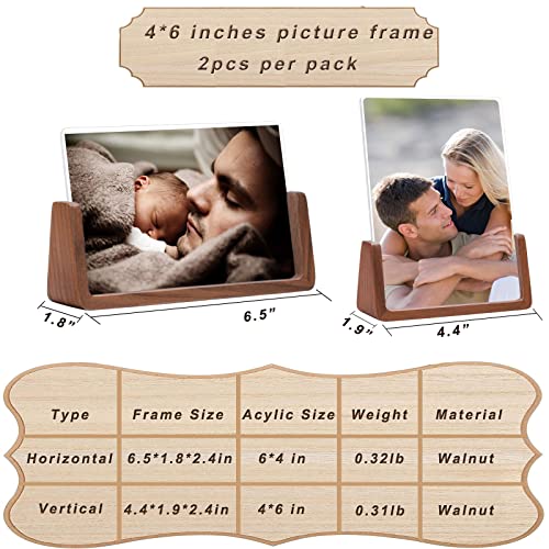 WEIMELTOY 4X6 Walnut Wooden Picture Frame,Brown Photo Frame with Double Side Acrylic Glass Cover, 2pcs Horizontal Vertical Photos for Table Top or Desktop Display, Gift for Family, Partner and Friends Gift