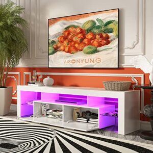 AiSONYUNG White LED 63inch TV Stand for 55 60 65 70 75 Inch TV, High Glossy Modern Entertainment Center, Large Wood TV Stand Gaming Media Cabinet with Large Storage for Bedroom Living Room and Office