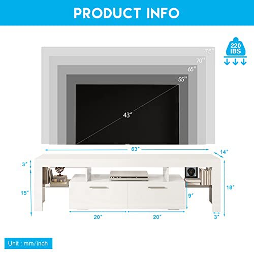 AiSONYUNG White LED 63inch TV Stand for 55 60 65 70 75 Inch TV, High Glossy Modern Entertainment Center, Large Wood TV Stand Gaming Media Cabinet with Large Storage for Bedroom Living Room and Office