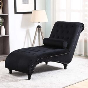 ONPNO Tufted Velvet Chaise Lounge Indoor, Leisure Accent Chair Upholstered Couch with Toss Pillow for Bedrooom Living (Black) 55.1D x 25W x 34.3H in