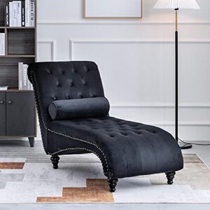 onpno tufted velvet chaise lounge indoor, leisure accent chair upholstered couch with toss pillow for bedrooom living (black) 55.1d x 25w x 34.3h in
