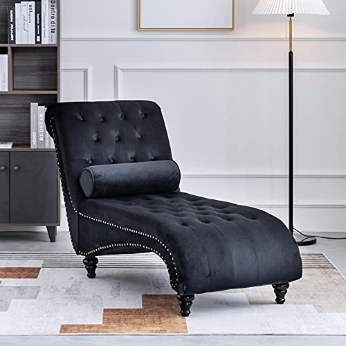 ONPNO Tufted Velvet Chaise Lounge Indoor, Leisure Accent Chair Upholstered Couch with Toss Pillow for Bedrooom Living (Black) 55.1D x 25W x 34.3H in