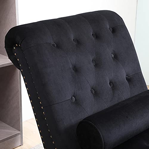 ONPNO Tufted Velvet Chaise Lounge Indoor, Leisure Accent Chair Upholstered Couch with Toss Pillow for Bedrooom Living (Black) 55.1D x 25W x 34.3H in