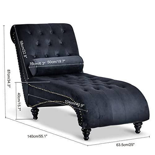 ONPNO Tufted Velvet Chaise Lounge Indoor, Leisure Accent Chair Upholstered Couch with Toss Pillow for Bedrooom Living (Black) 55.1D x 25W x 34.3H in