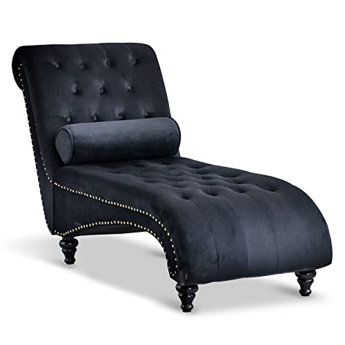 ONPNO Tufted Velvet Chaise Lounge Indoor, Leisure Accent Chair Upholstered Couch with Toss Pillow for Bedrooom Living (Black) 55.1D x 25W x 34.3H in