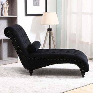 ONPNO Tufted Velvet Chaise Lounge Indoor, Leisure Accent Chair Upholstered Couch with Toss Pillow for Bedrooom Living (Black) 55.1D x 25W x 34.3H in