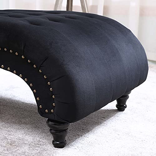 ONPNO Tufted Velvet Chaise Lounge Indoor, Leisure Accent Chair Upholstered Couch with Toss Pillow for Bedrooom Living (Black) 55.1D x 25W x 34.3H in