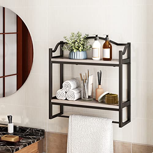 DR.IRON Industrial Bathroom Shelves Over Toilet,Wall Shelves for Bathroom Decor Towel Racks with Towel Holder,2 Tier Bathroom Shelves with Towel Bar(Black Bracket & Gray Shelves)