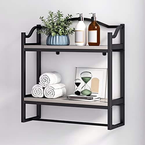 DR.IRON Industrial Bathroom Shelves Over Toilet,Wall Shelves for Bathroom Decor Towel Racks with Towel Holder,2 Tier Bathroom Shelves with Towel Bar(Black Bracket & Gray Shelves)