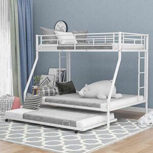 tulib twin over full metal bunk bed with sturdy steel frame, bunkbed with twin size trundle, two-side ladders, no spring box required, white