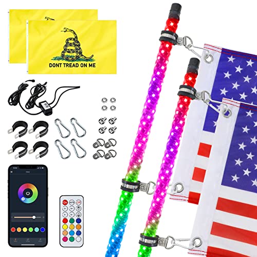 Atfoyer 2PCS 4FT Whip Lights, LED Light Whip for UTV ATV, APP and Remote Control, 366 Modes, Spiral RGB Chasing Light, Lighted Antenna Whip for Off-Road Truck Sand Buggy 4 Wheeler RZR Can-Am Polari