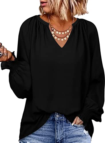 Dokotoo Womens Plus Size V Neck Chiffon Tunic Tops - Stylish Smocked Long Sleeve Shirts (XXL, Black)