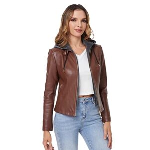diashiny faux leather jacket for women removable hooded moto biker coat brown m